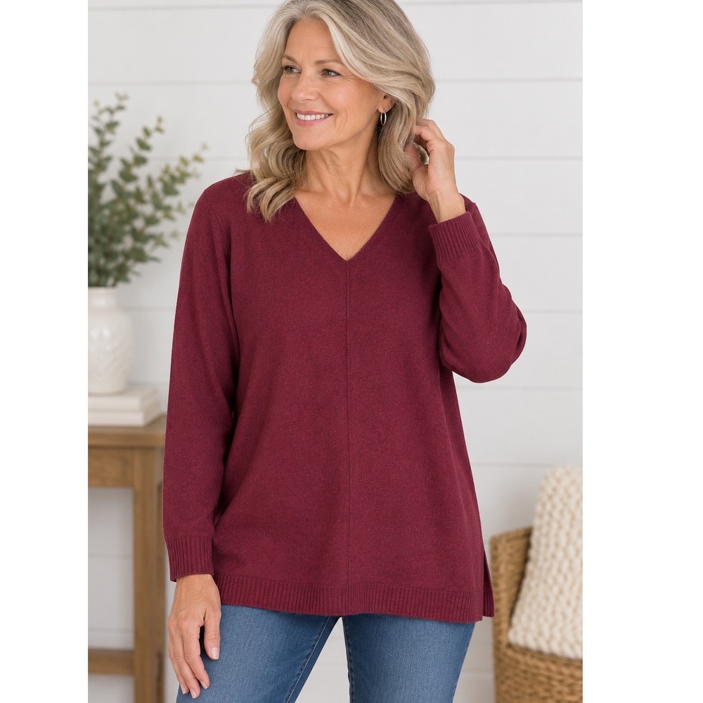 Denim & Co Comfort Zone 1X Burgundy V-Neck Tunic Sweater Relaxed Fit Longline